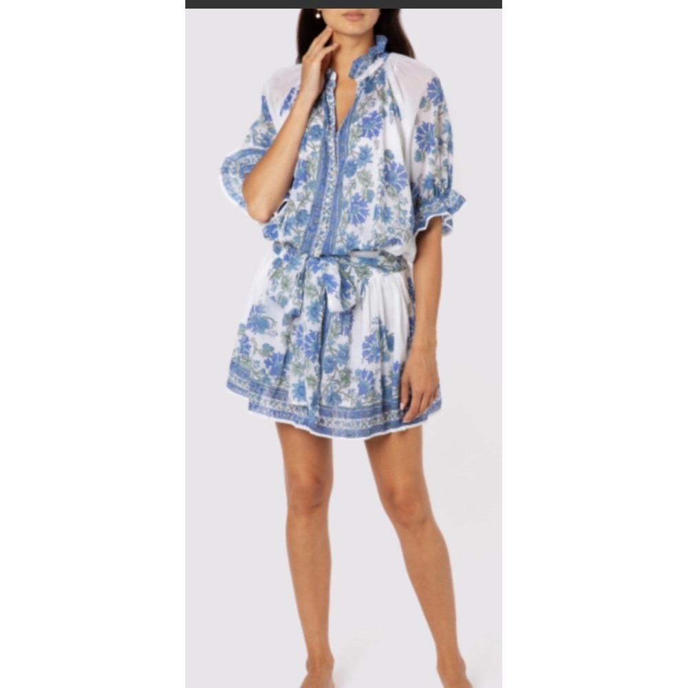 Juliet Dunn Rose Blouson Mini  Dress Blue Floral Cotton Belted Size 1 Small